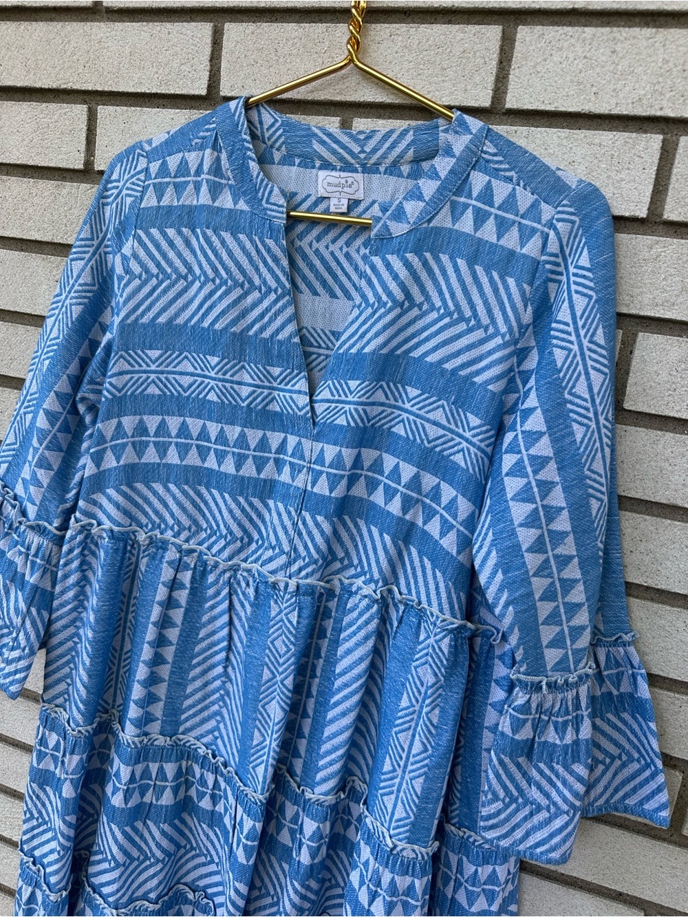Mud Pie Blue White Geometric Tiered Cotton Dress Boho Beachy Swing S - Picture 5 of 12